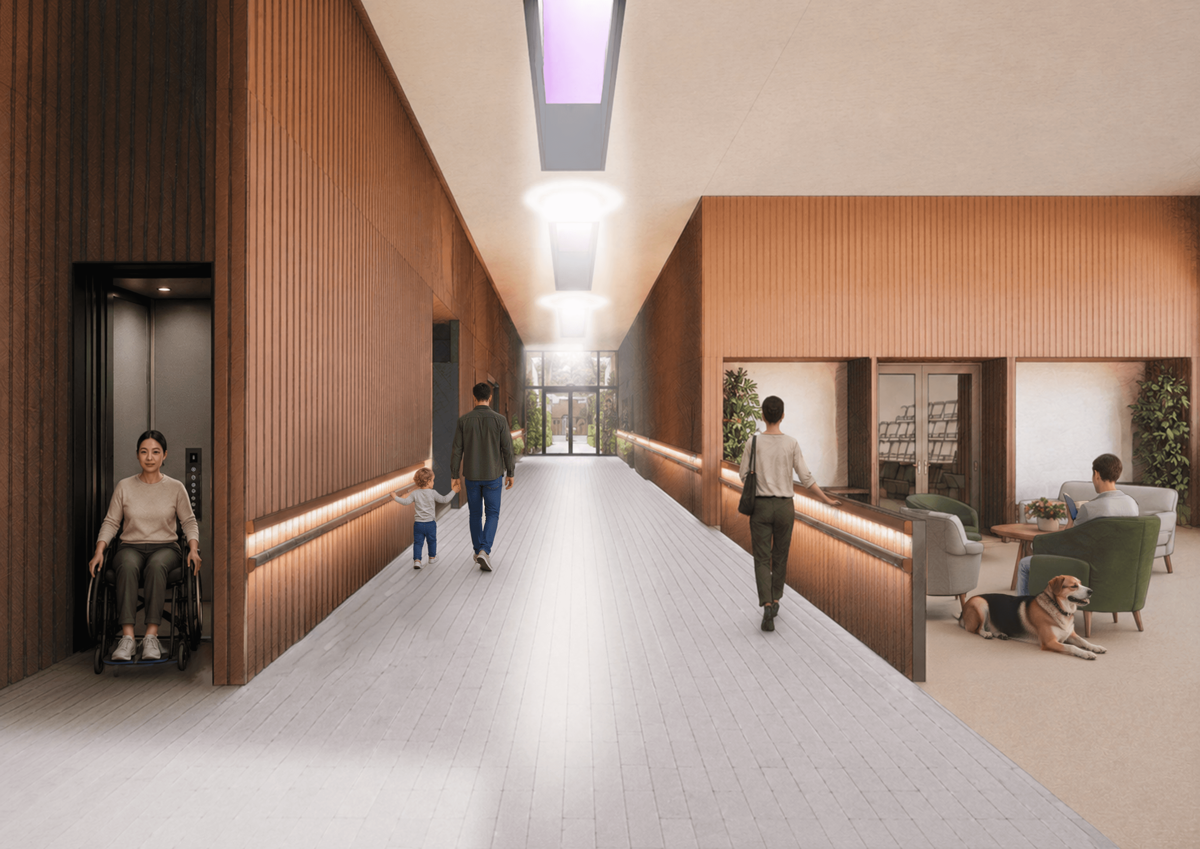 Portfolio preview - the main circulation ramp of Inhabiting Castlefield, lined with timber cladding and illuminated guidance handrails